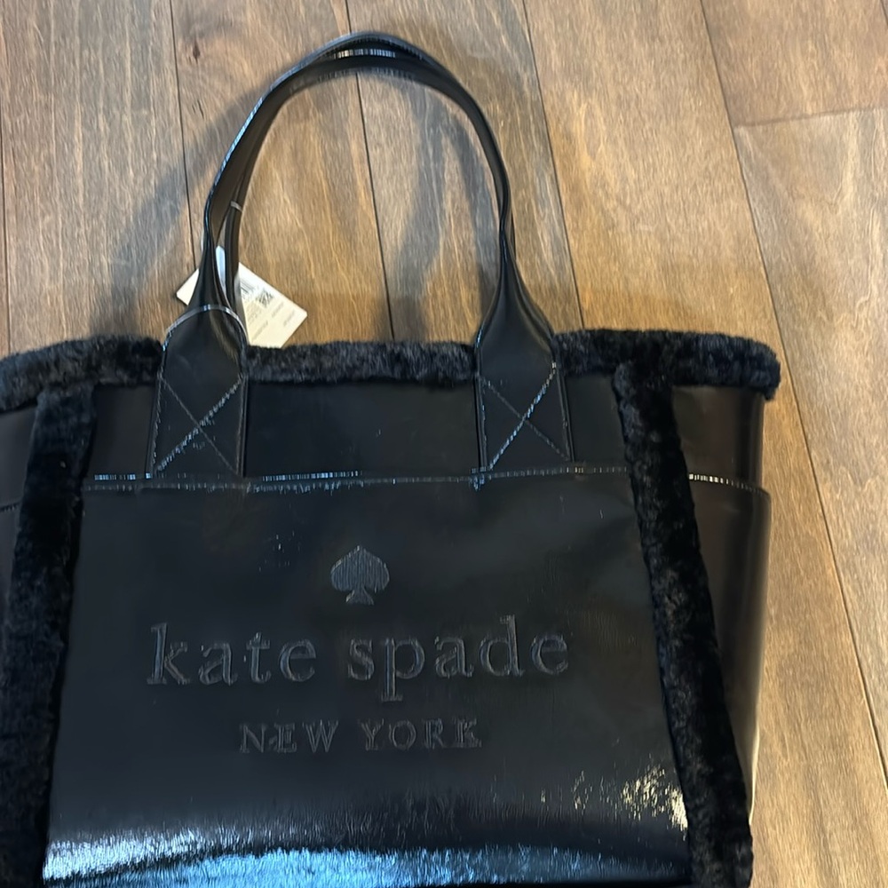 Gorgeous NWT Kate Spade black patent leather faux shearling tote.